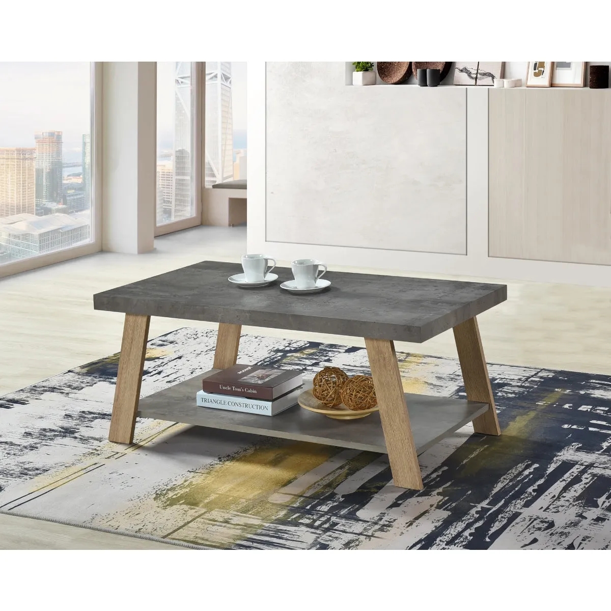 Modern Faux Stone & Wood Coffee Table with Storage Shelf