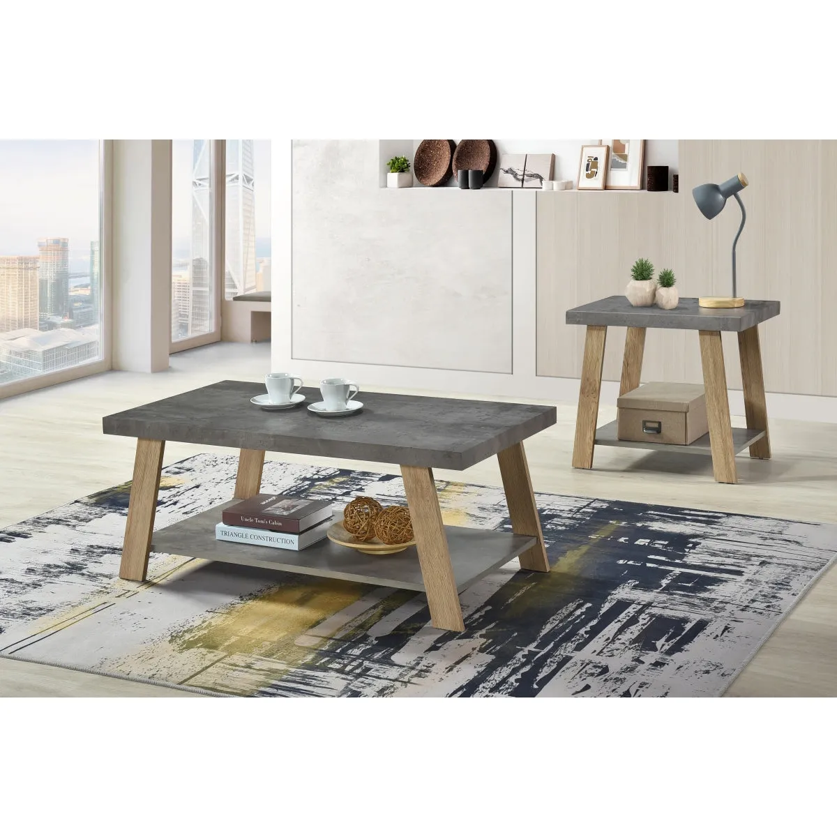 Modern Faux Stone & Wood Coffee Table with Storage Shelf