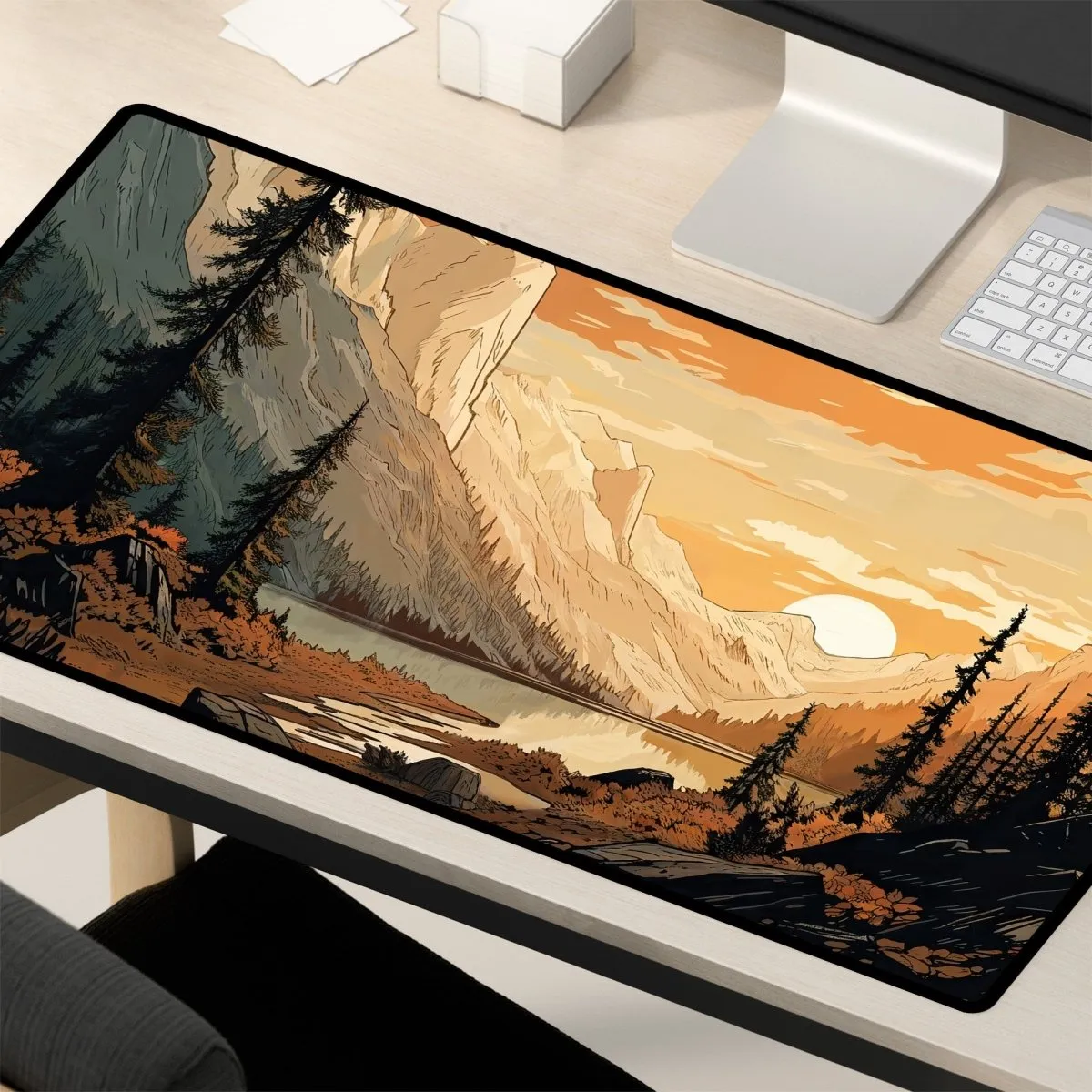 Mountain Desk Mat – Large Nature Desk Mat for Gaming & Office, Scenic Forest and Valley Design