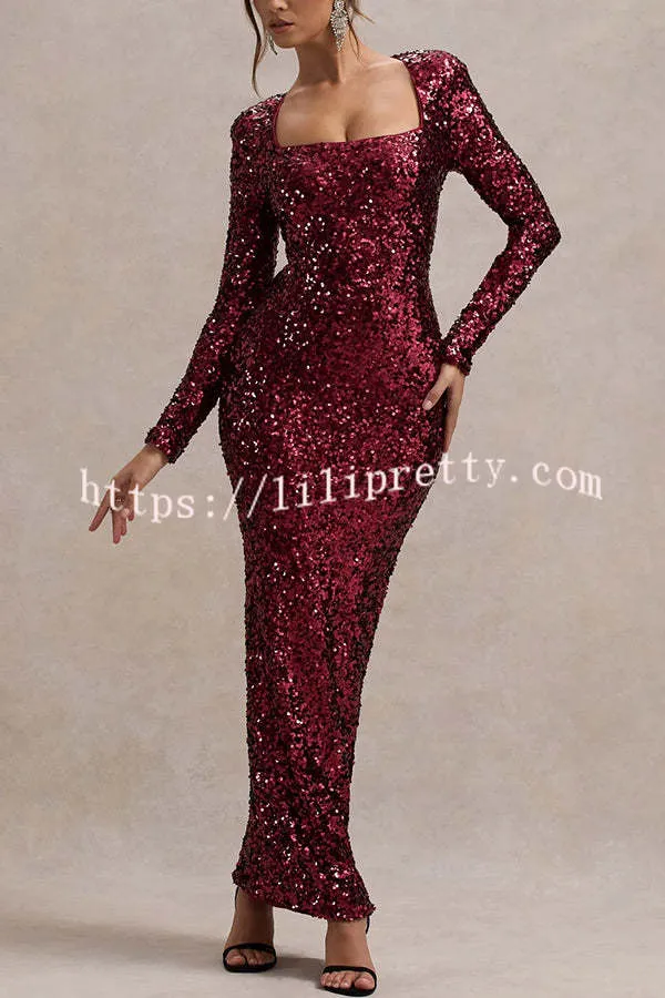 My Dreams Sparkle Sequin Square Neck Long Sleeves Slit Maxi Dress