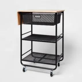 New - Metal Storage Cart with Mesh Drawer and Wood Top Black - Brightroom