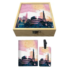 Passport Cover Luggage Tag Wooden Gift Box Set - City