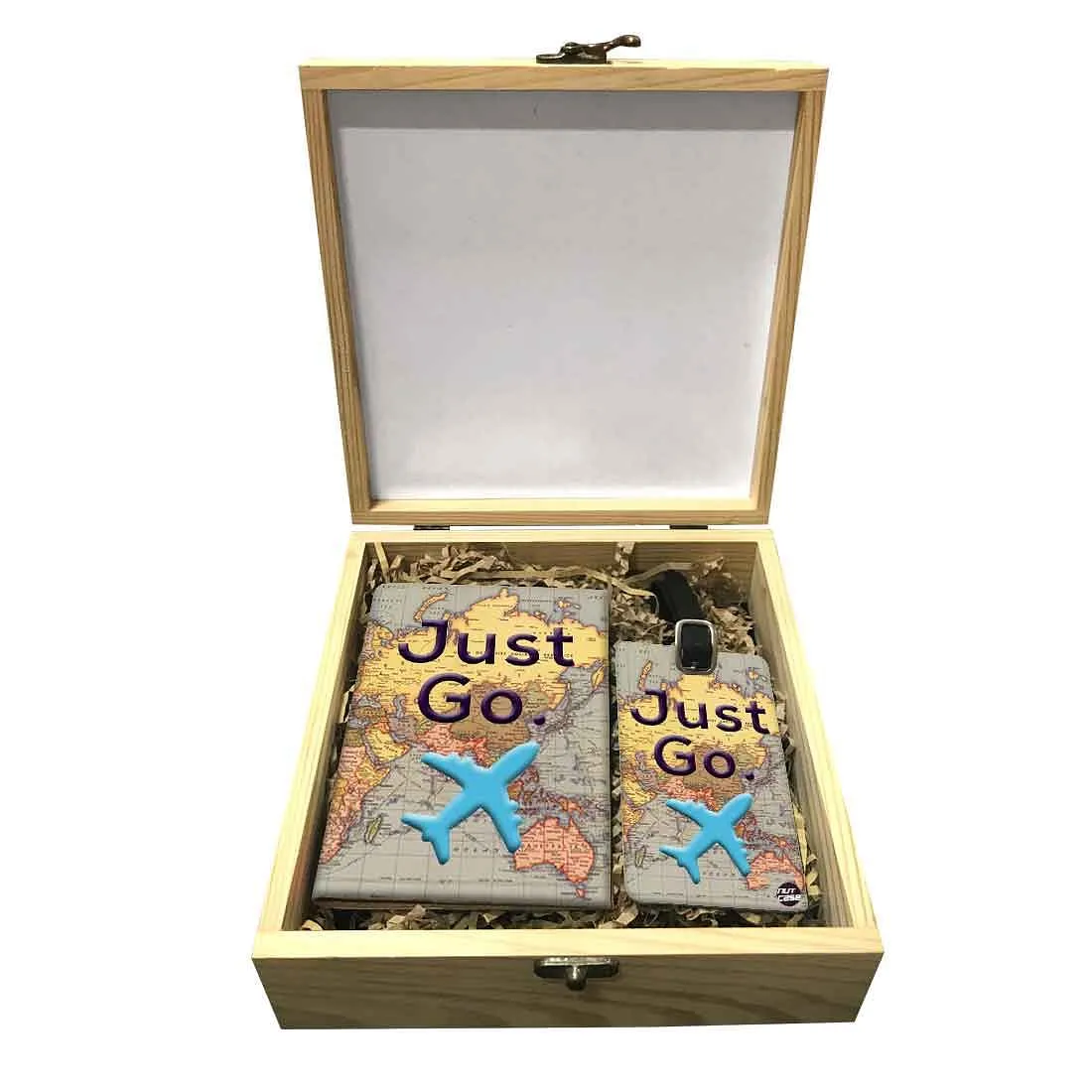 Passport Cover Luggage Tag Wooden Gift Box Set - Just Go