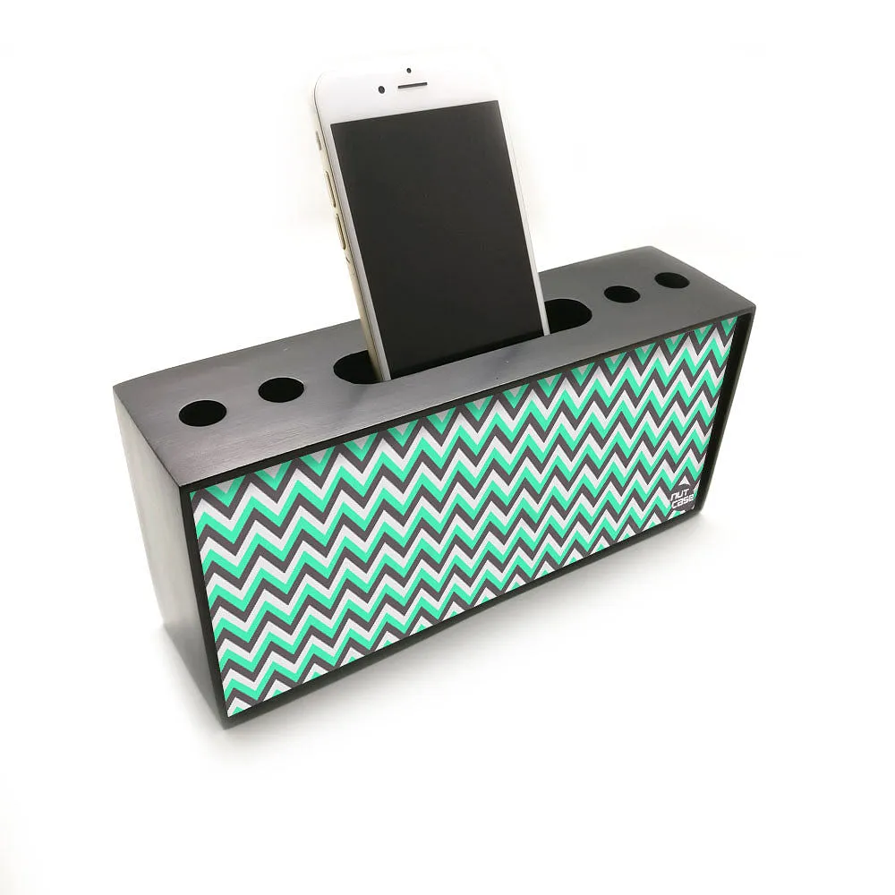 Pen Mobile Stand Holder Desk Organizer - Mint And Gray Shevron