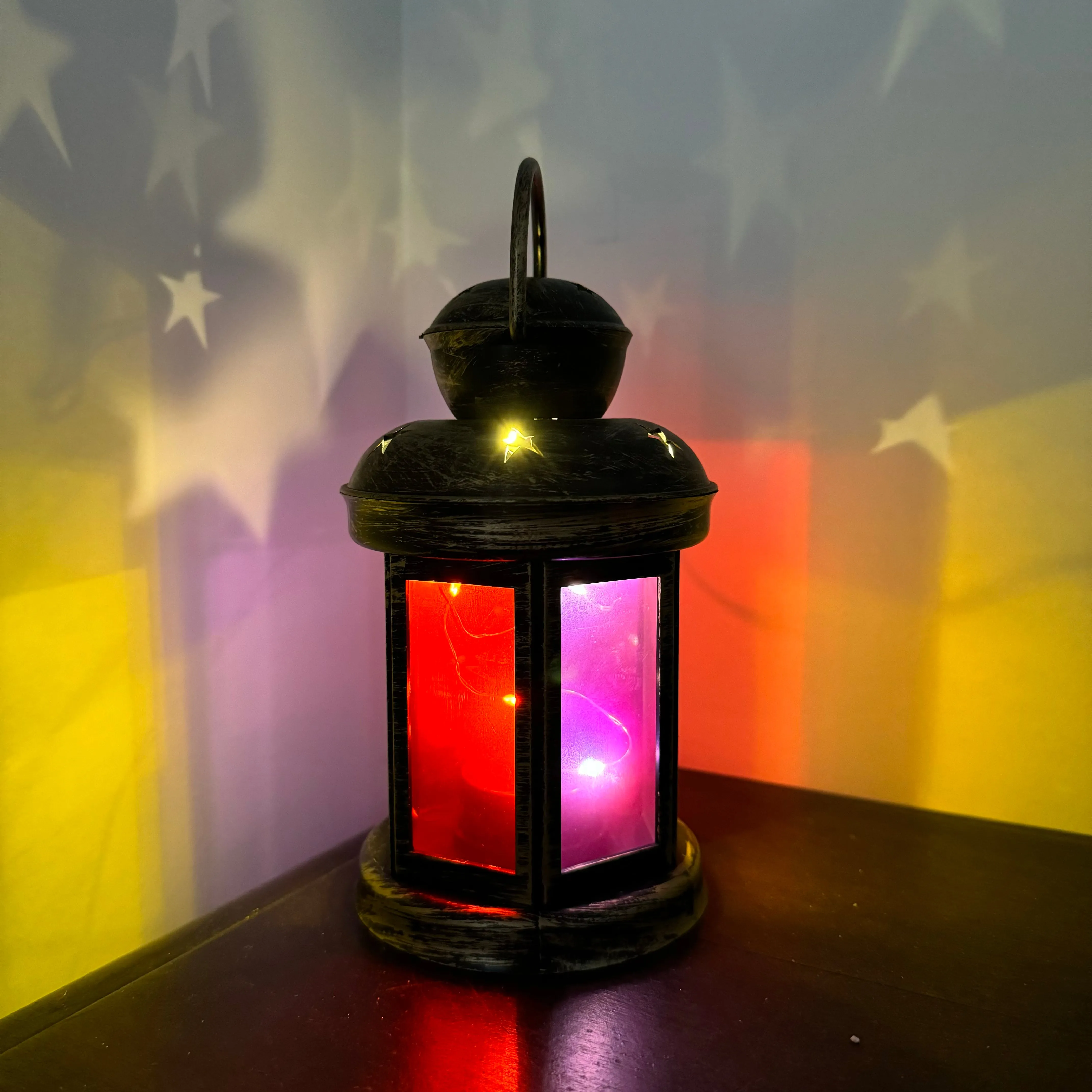 SALE - Moroccan 6 panel coloured LED lantern with fairy lights (batteries incl)