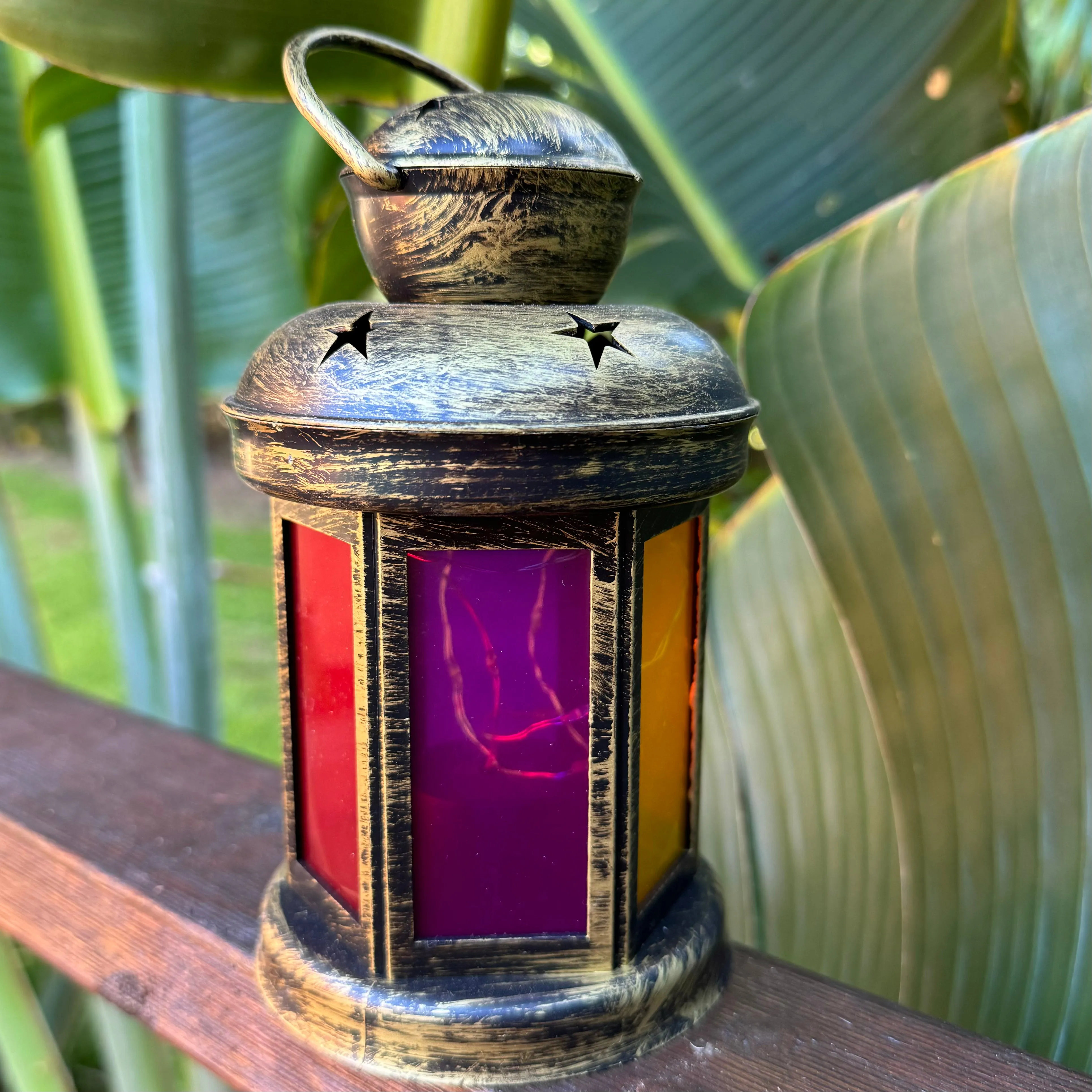 SALE - Moroccan 6 panel coloured LED lantern with fairy lights (batteries incl)