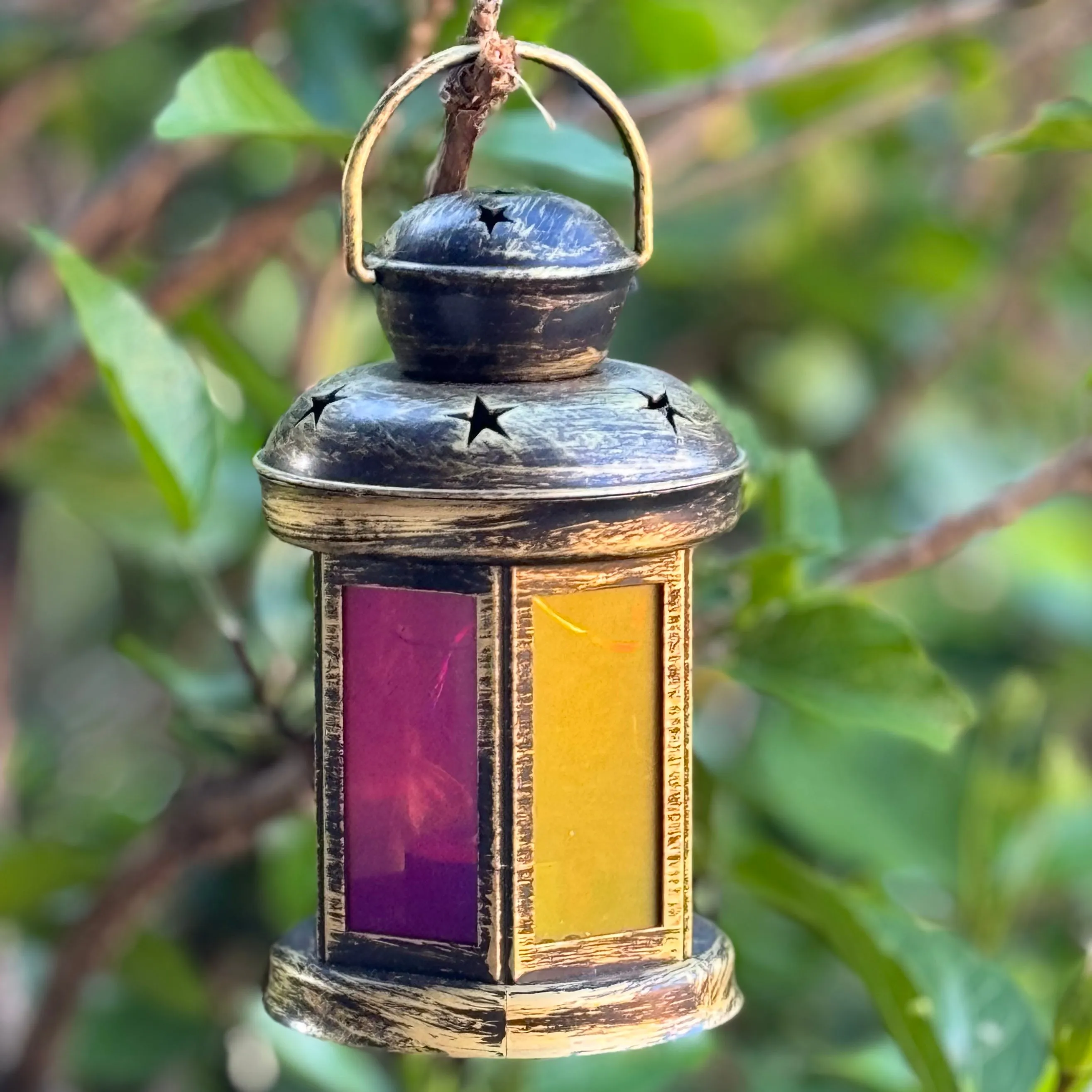 SALE - Moroccan 6 panel coloured LED lantern with fairy lights (batteries incl)