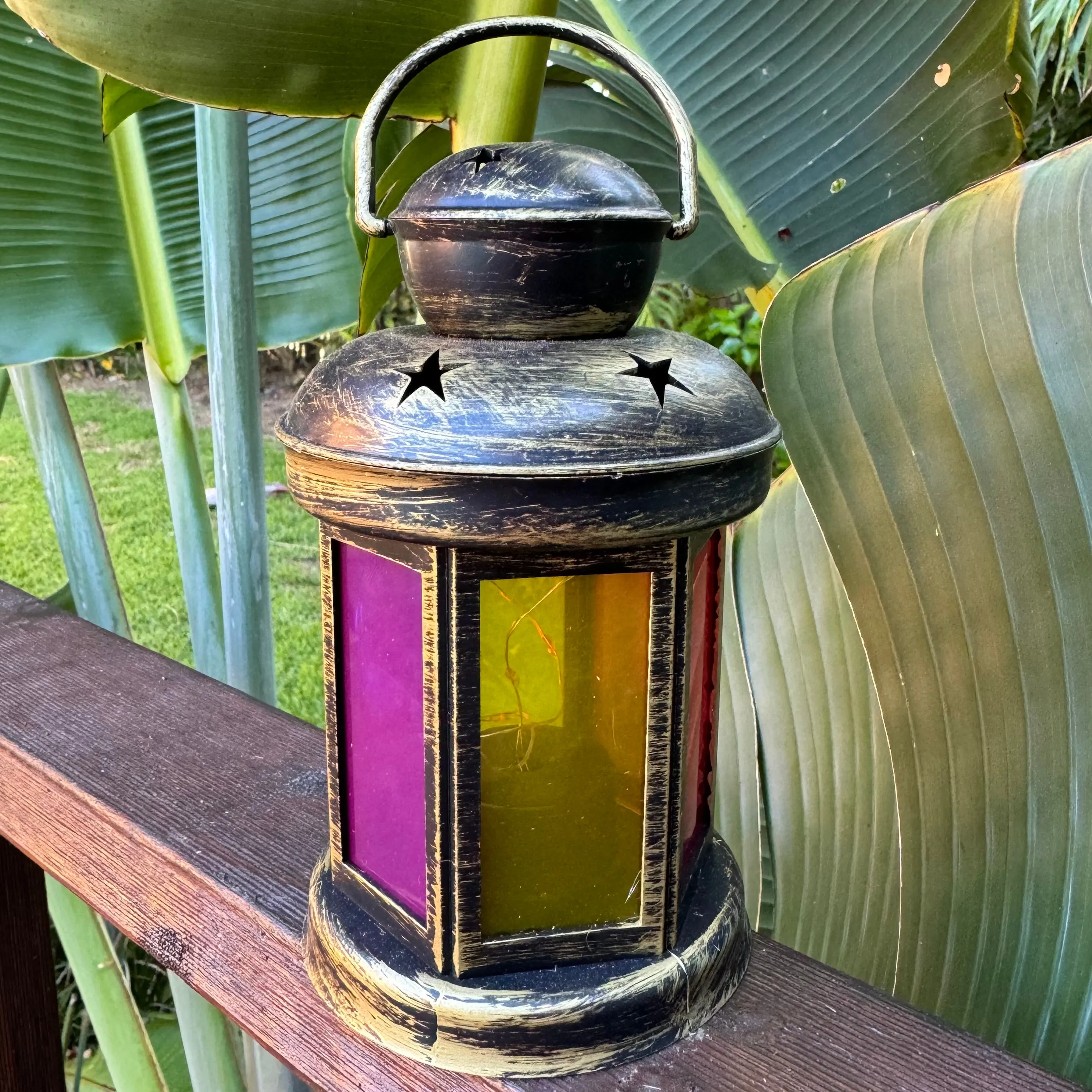 SALE - Moroccan 6 panel coloured LED lantern with fairy lights (batteries incl)