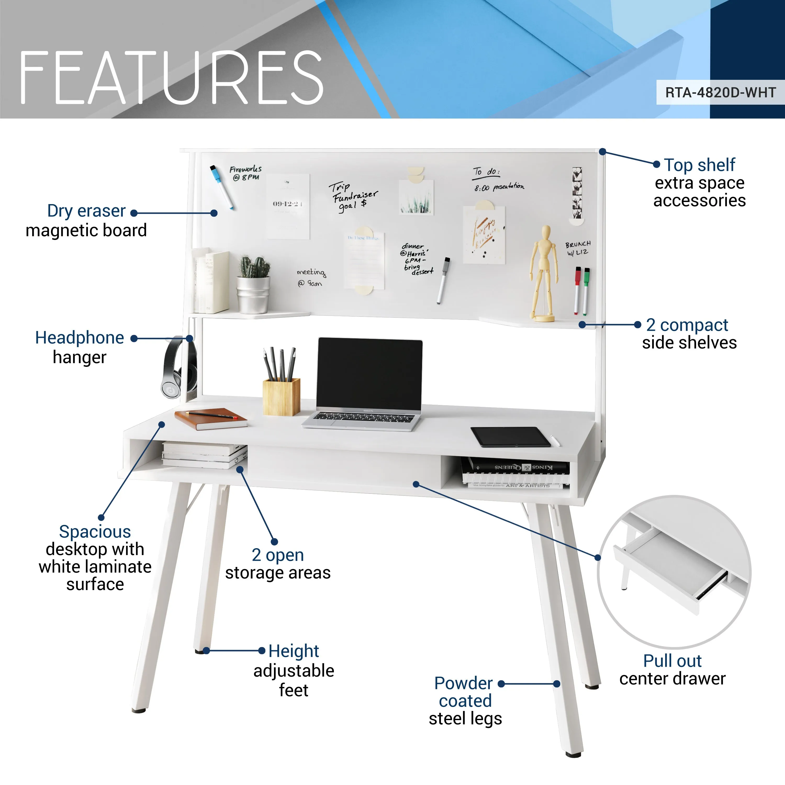 Study Computer Desk with Storage & Magnetic Dry Erase White Board