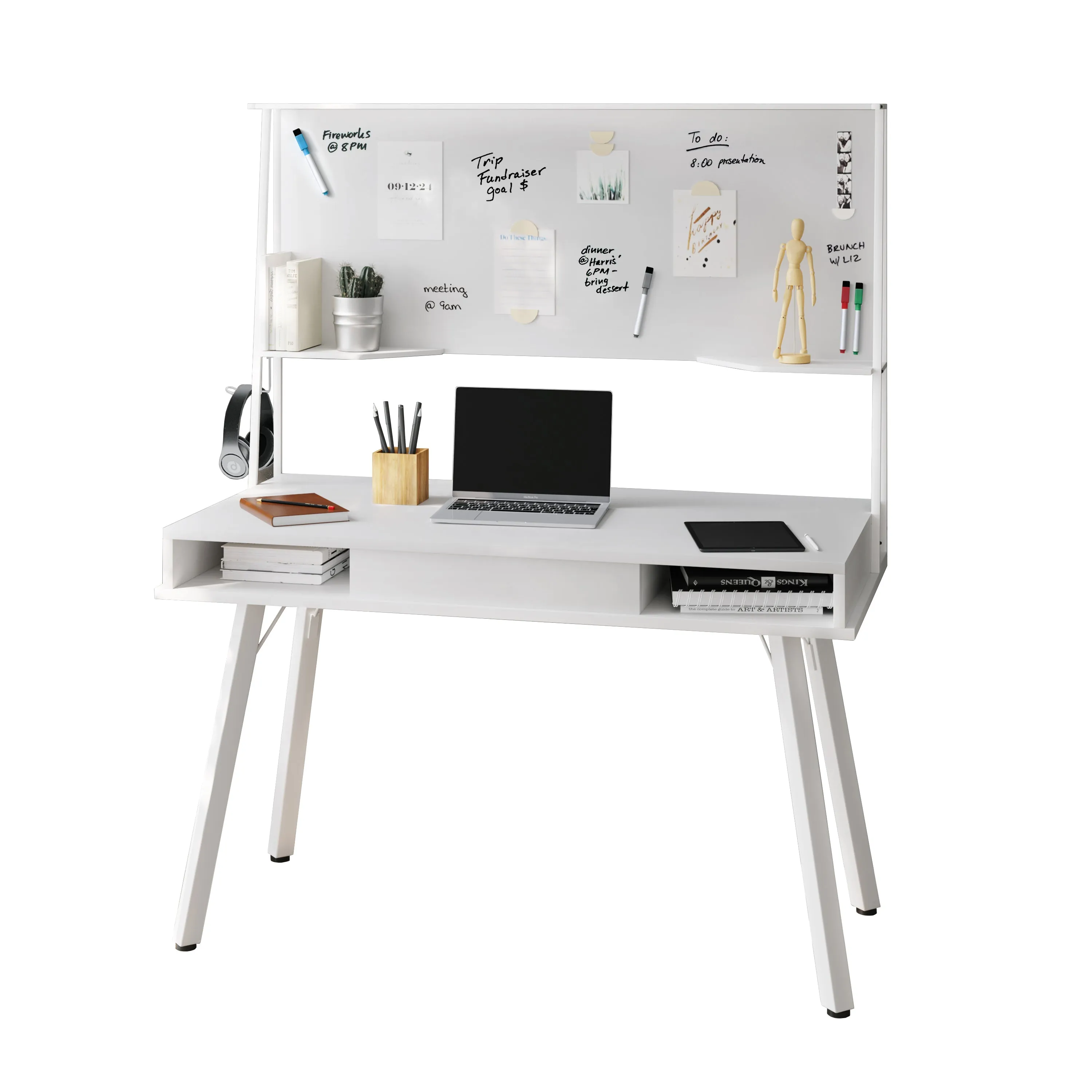 Study Computer Desk with Storage & Magnetic Dry Erase White Board