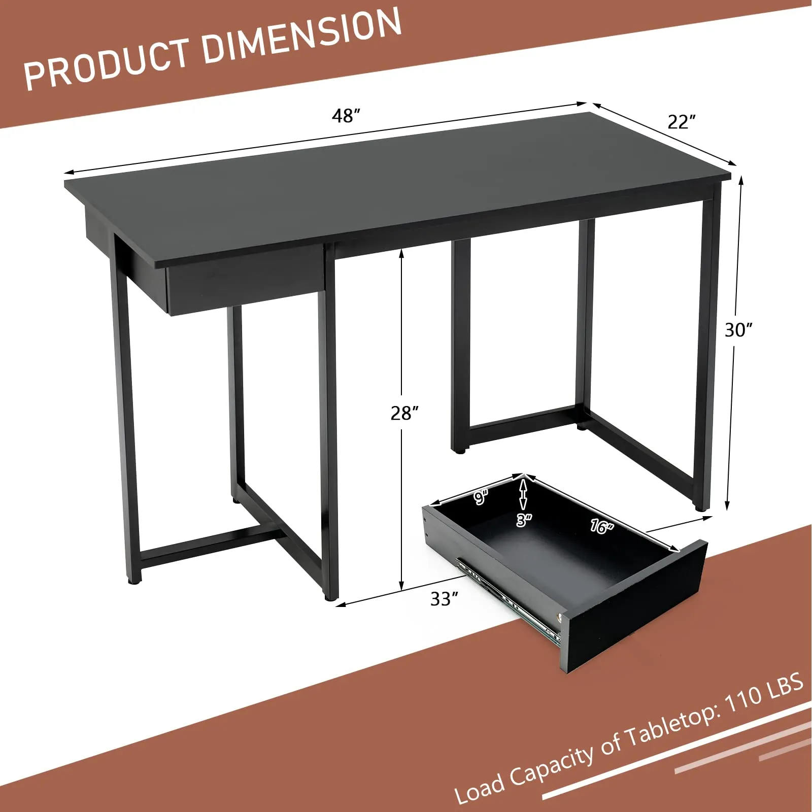 Tangkula 48” Computer Desk with Drawer, Home Office Desk with Sturdy Metal Frame