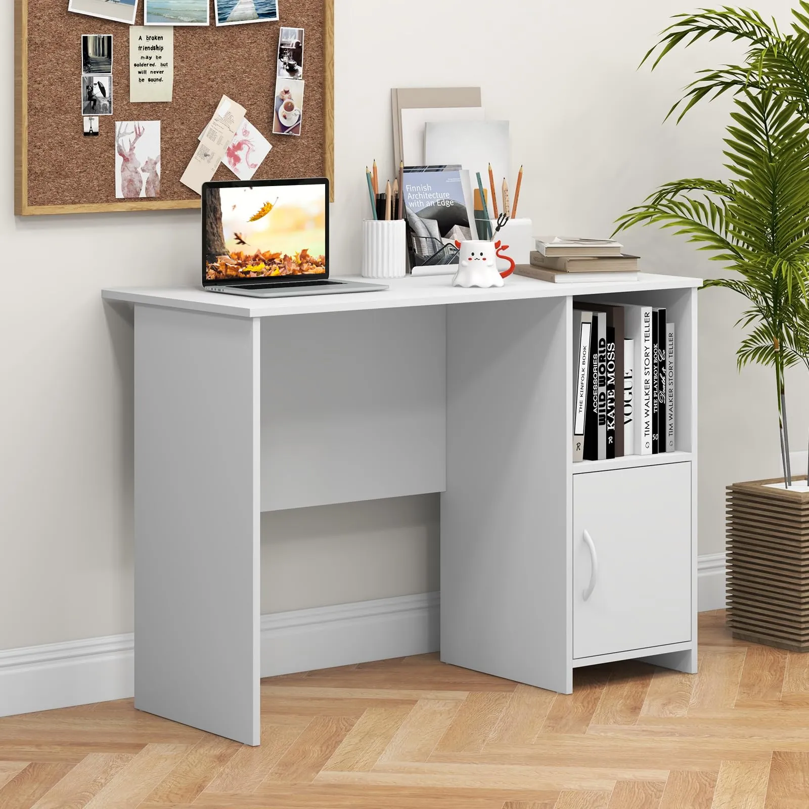 Tangkula White Desk with Cabinet & Open Shelf, Small Writing Study Desk with Cable Hole