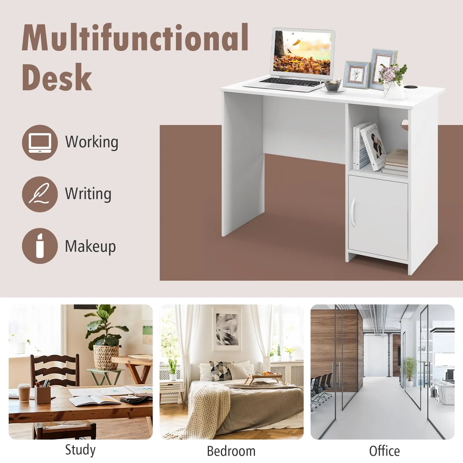 Tangkula White Desk with Cabinet & Open Shelf, Small Writing Study Desk with Cable Hole