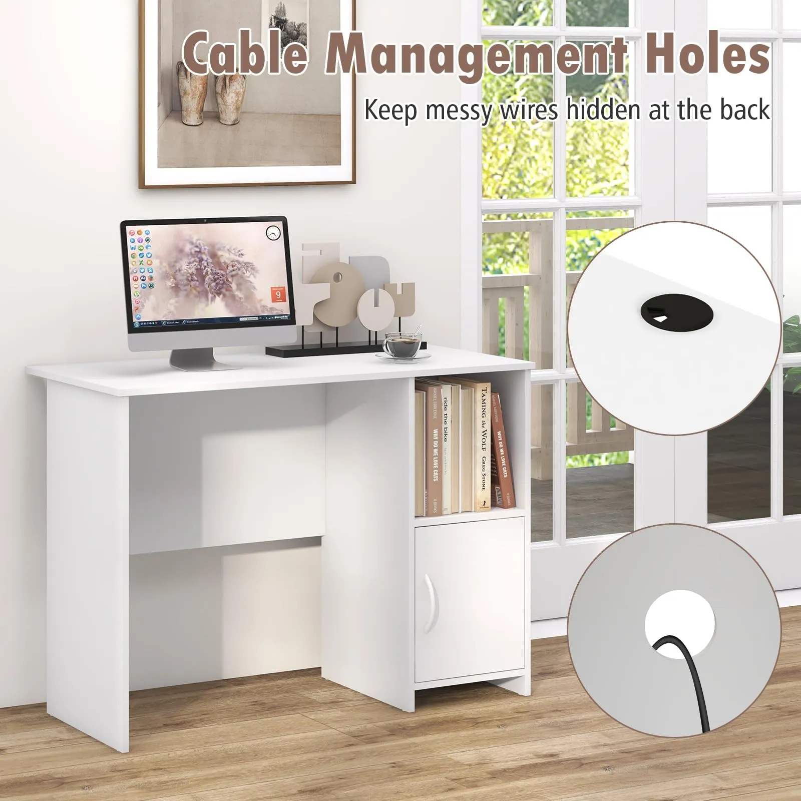 Tangkula White Desk with Cabinet & Open Shelf, Small Writing Study Desk with Cable Hole