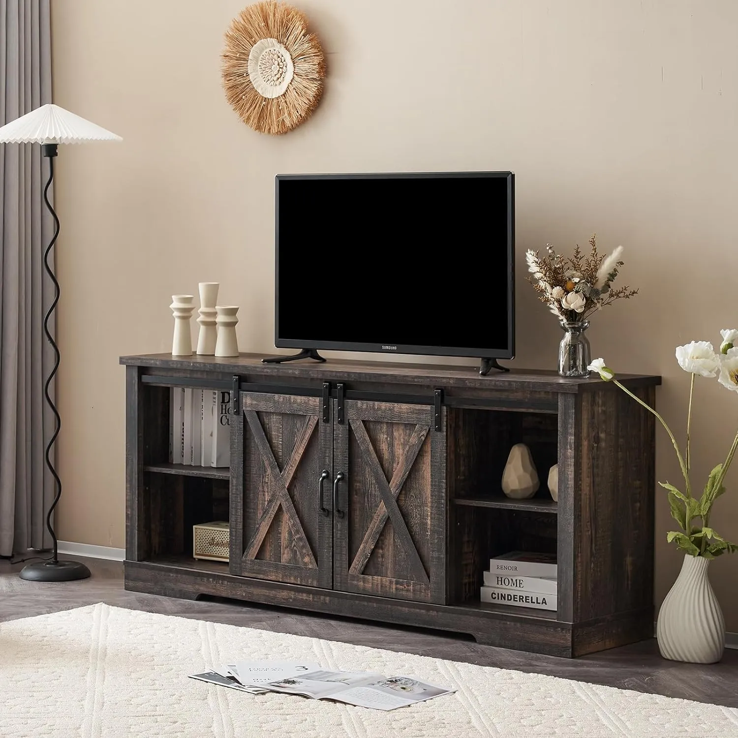 TV Stand, Entertainment Center with Sliding Barn Door and Adjustable Shelf & Feet