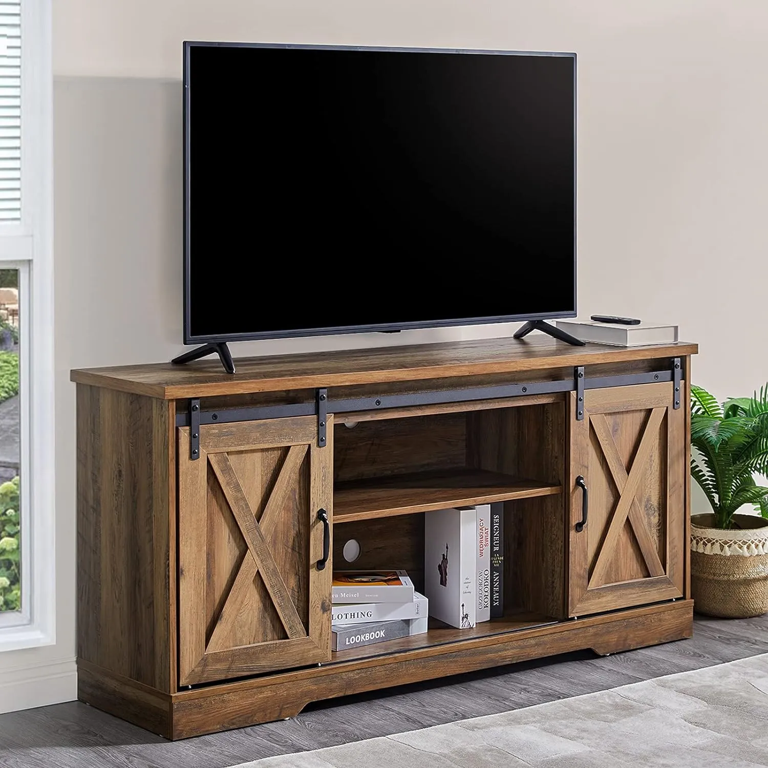 TV Stand, Entertainment Center with Sliding Barn Door and Adjustable Shelf & Feet