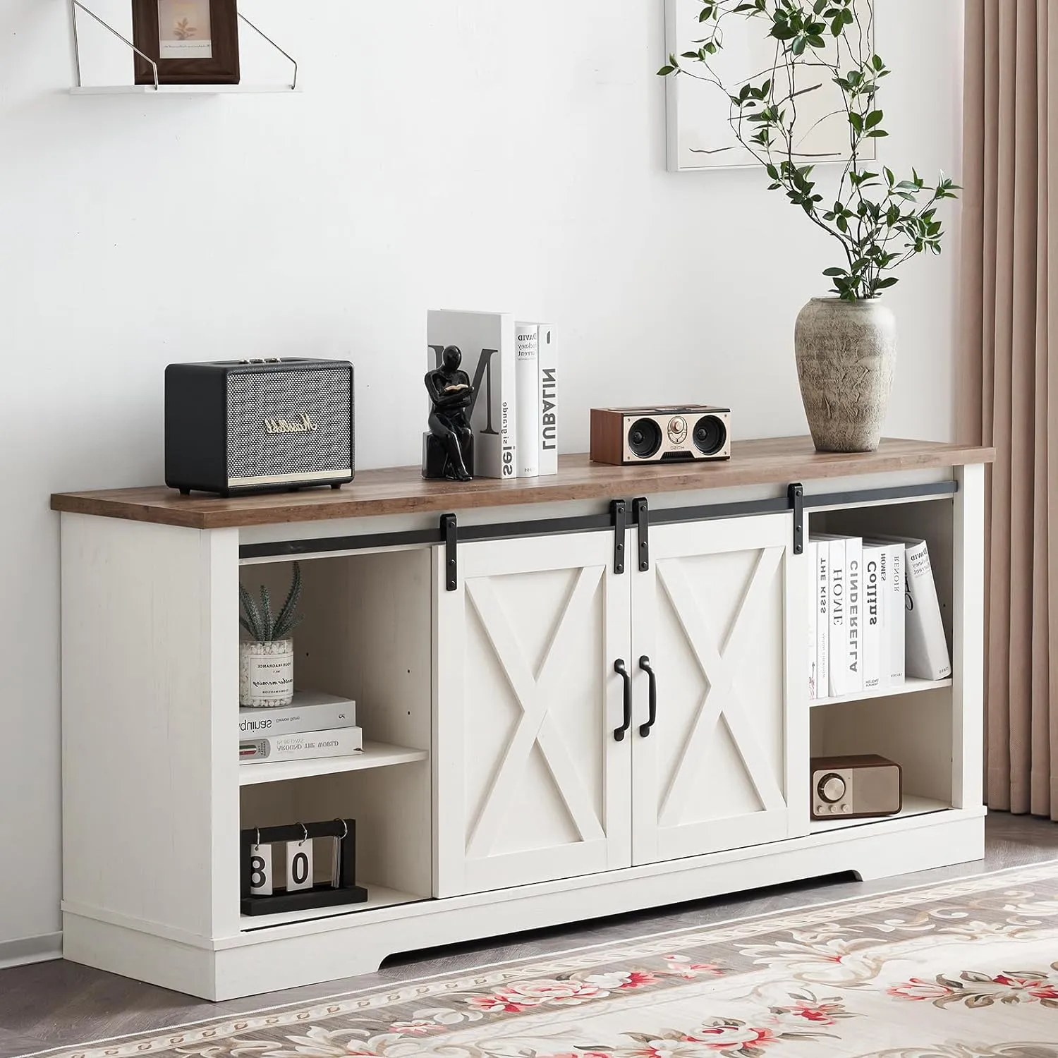 TV Stand, Entertainment Center with Sliding Barn Door and Adjustable Shelf & Feet