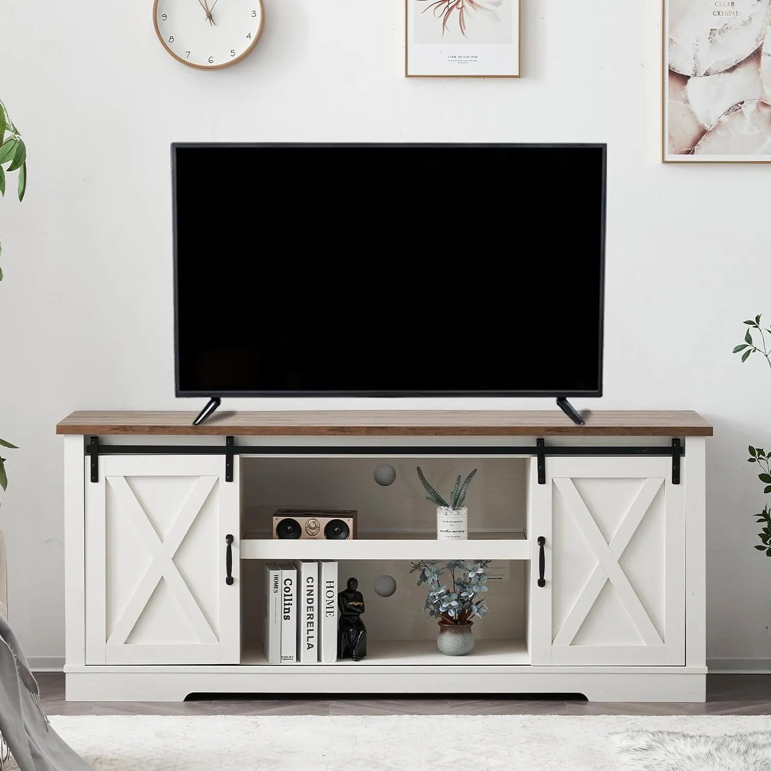 TV Stand, Entertainment Center with Sliding Barn Door and Adjustable Shelf & Feet