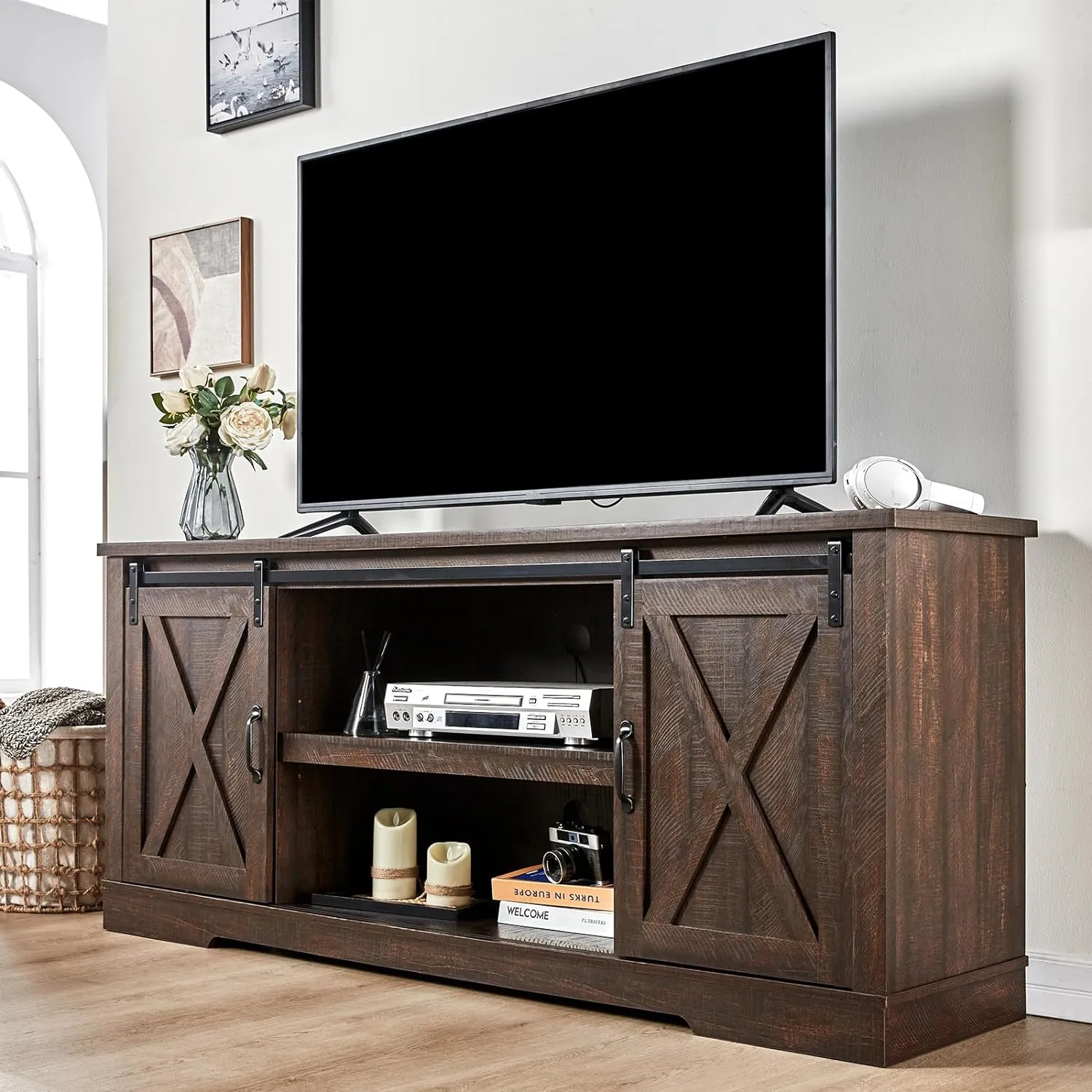 TV Stand, Entertainment Center with Sliding Barn Door and Adjustable Shelf & Feet