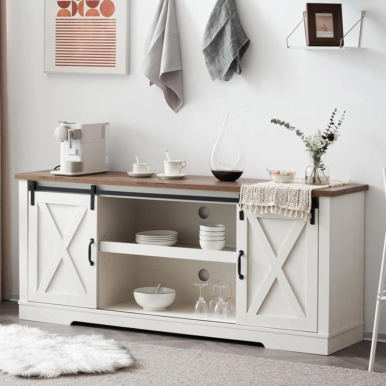 TV Stand, Entertainment Center with Sliding Barn Door and Adjustable Shelf & Feet