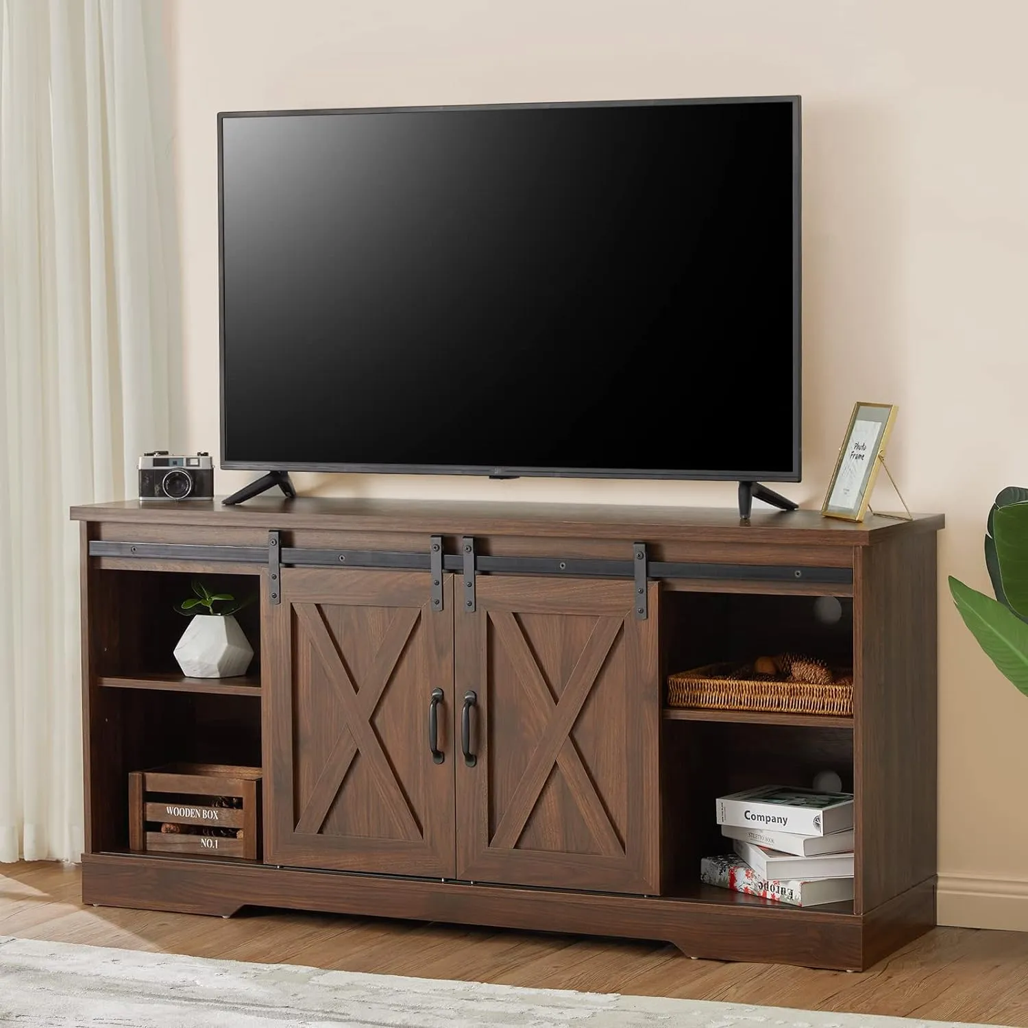 TV Stand, Entertainment Center with Sliding Barn Door and Adjustable Shelf & Feet