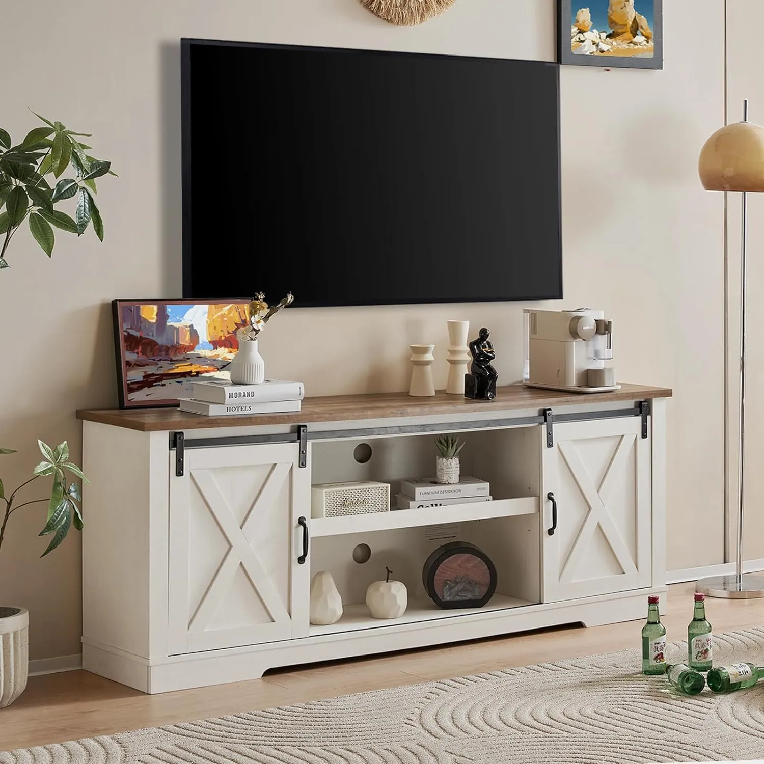 TV Stand, Entertainment Center with Sliding Barn Door and Adjustable Shelf & Feet