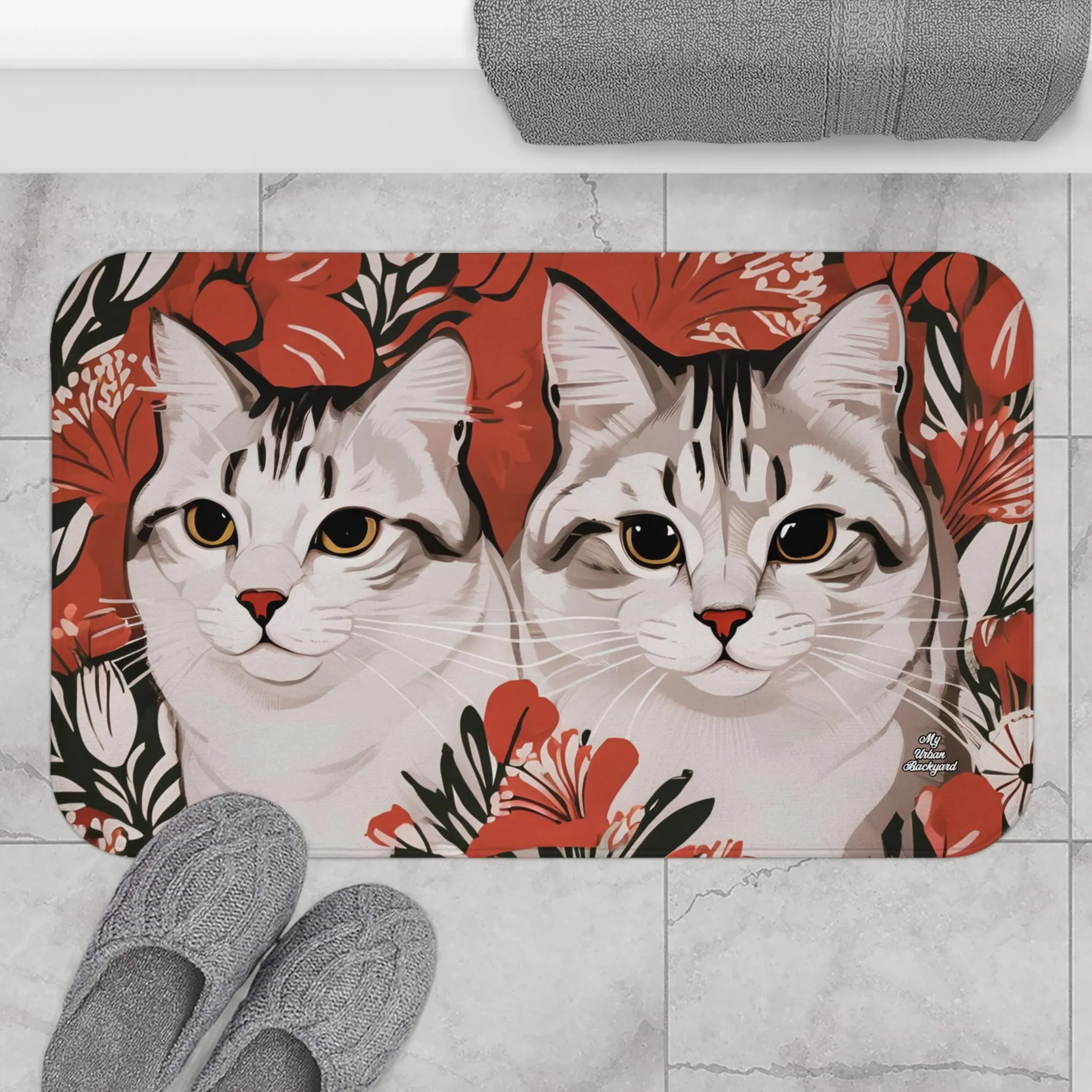 Two White Cats, Memory Foam Bath Mat - Cozy Bathroom Essential