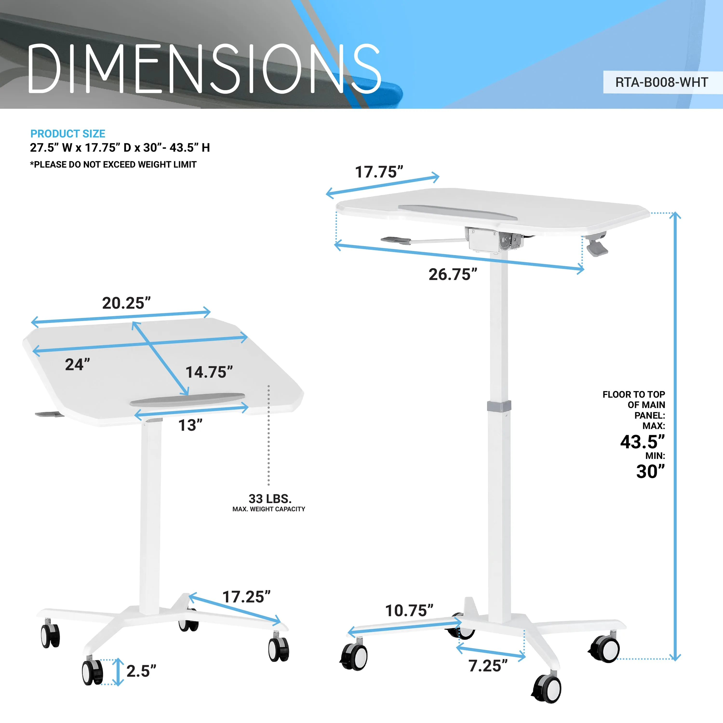 White Sit to Stand Mobile Laptop Computer Stand with Height Adjustable and Tiltable Tabletop