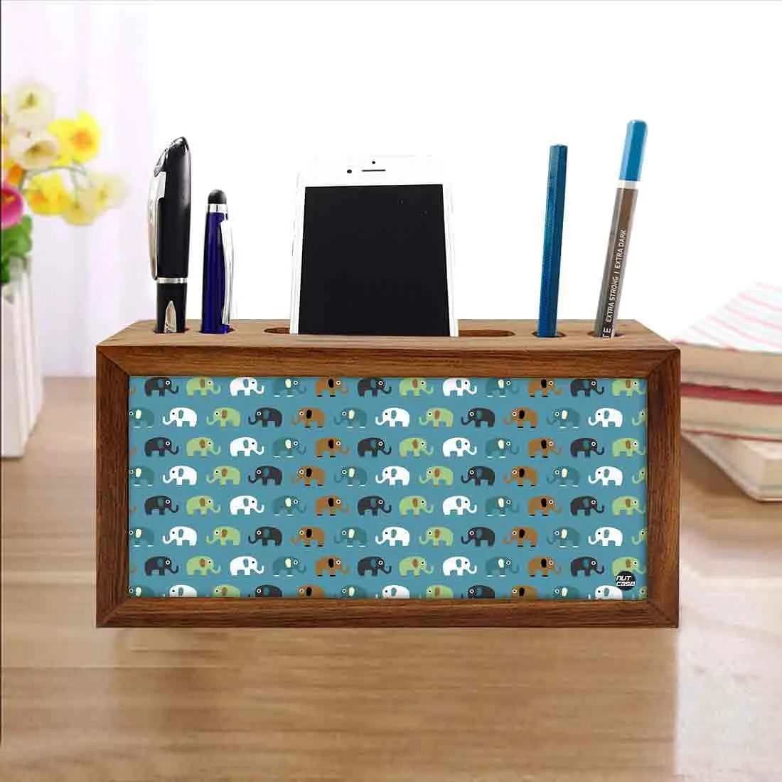 Wooden Desk Organiser Pen Mobile Stand - Elephants Blue