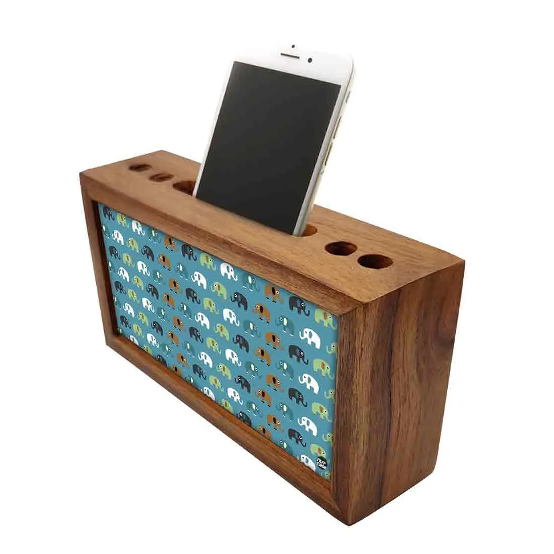 Wooden Desk Organiser Pen Mobile Stand - Elephants Blue