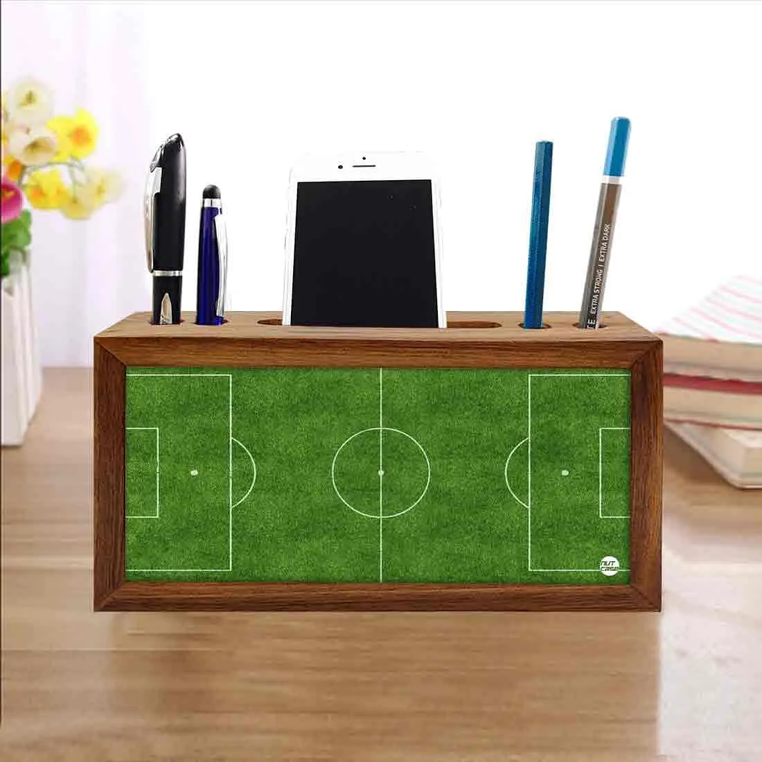 Wooden desktop organizer Pen Mobile Stand - Football Field