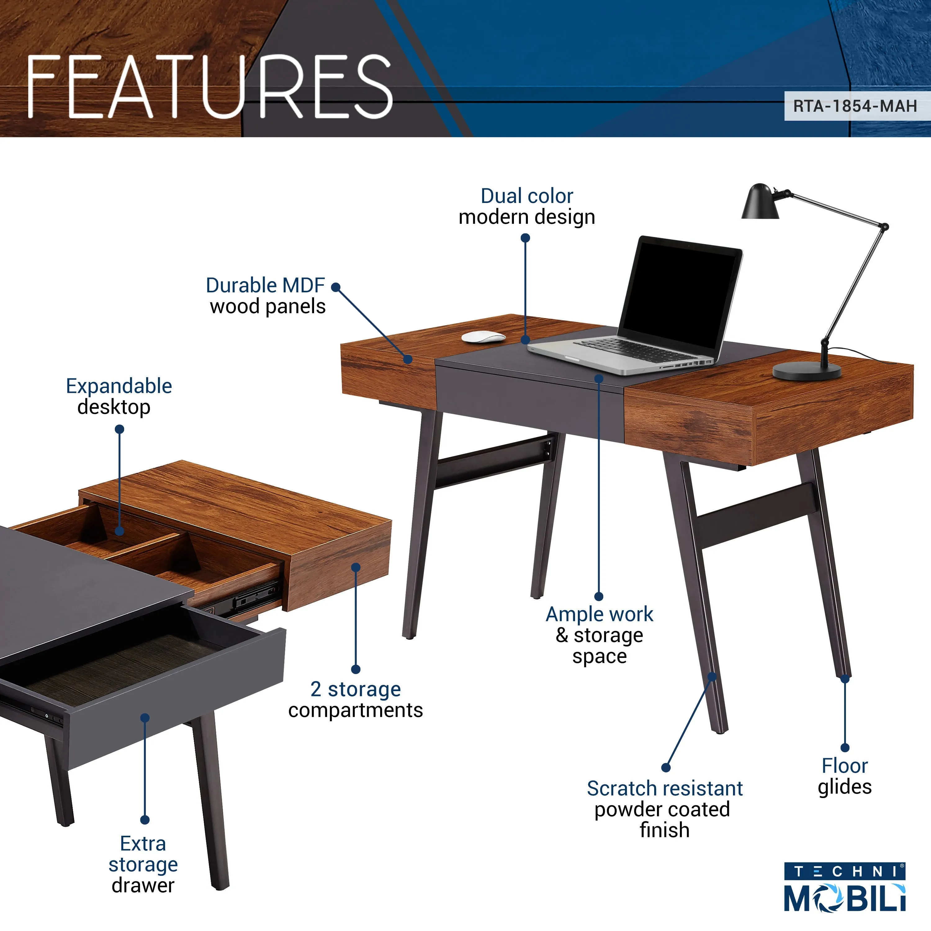 Writing Desk Dual Side & Pull-Out Front Drawer - Mahogany