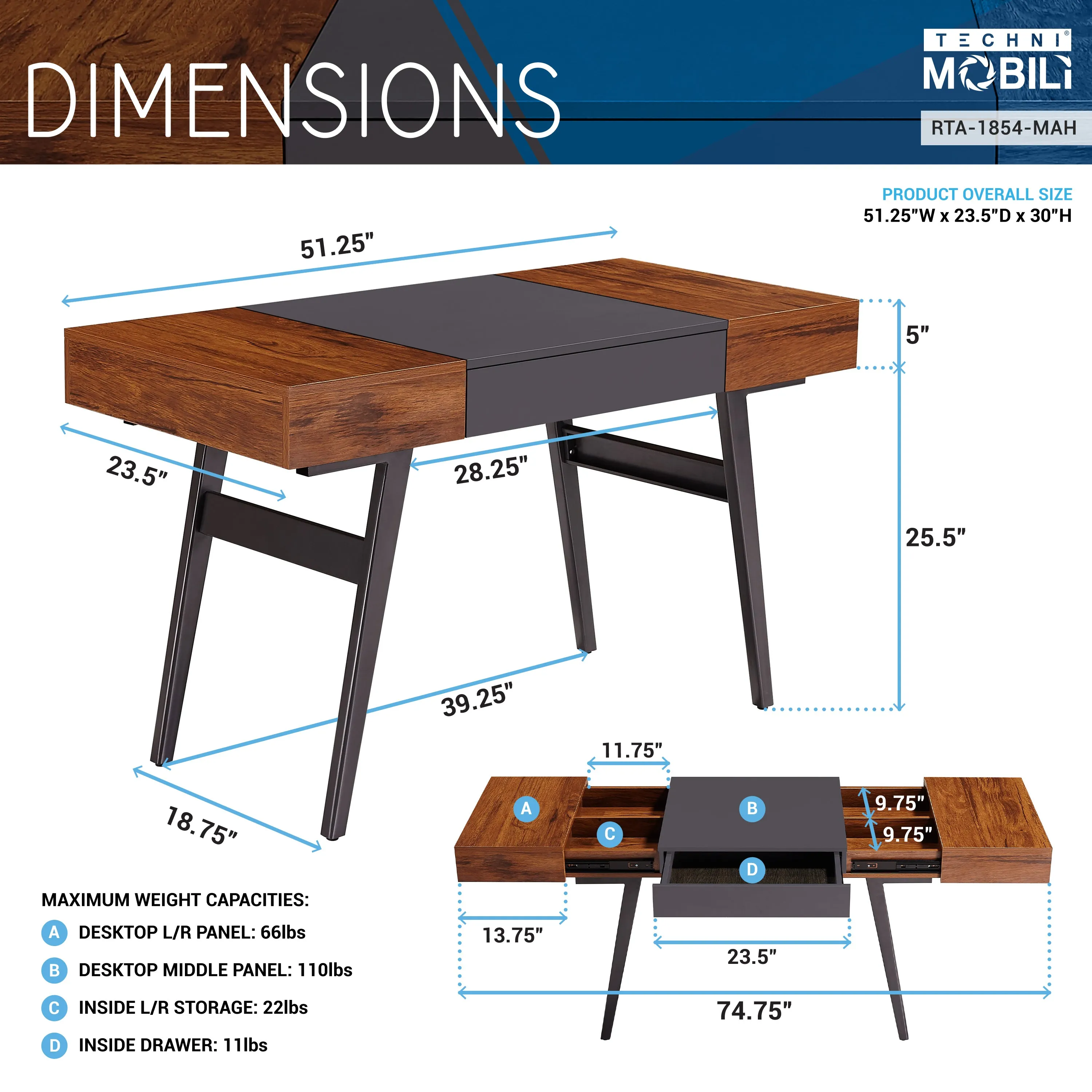 Writing Desk Dual Side & Pull-Out Front Drawer - Mahogany