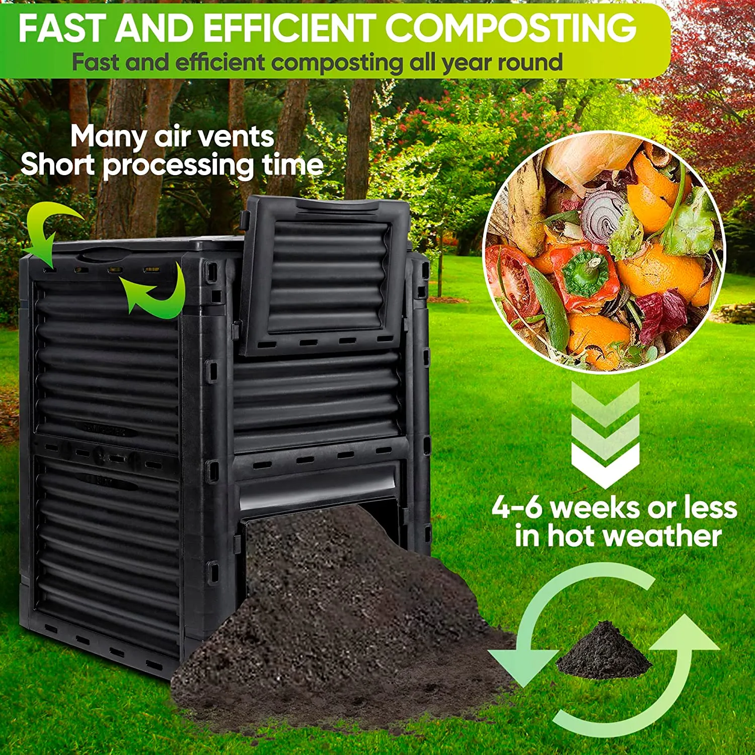 ZENY™ 80 Gallon (300L) Garden Compost Bin - Large Outdoor Composter from BPA-Free Material, Lightweight，Black