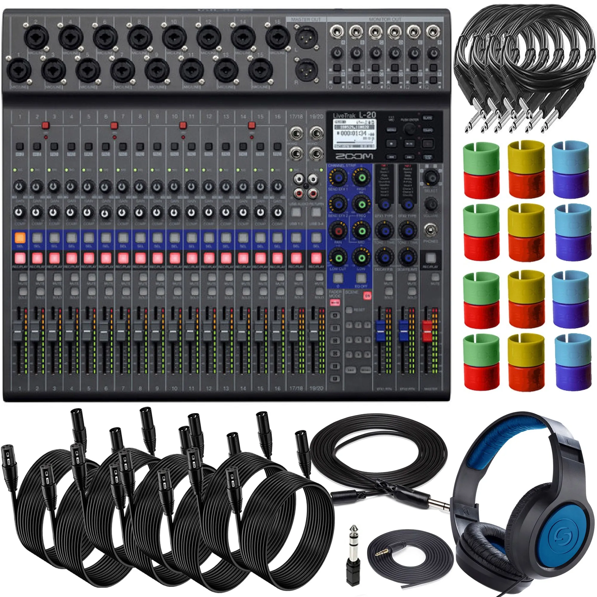 Zoom LiveTrak L-20 - 20-Input Digital Mixer Multitrack Recorder with Samson SR350 Over-Ear Stereo Headphones and XLR Cables All You Need Accessory Bundle